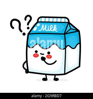 Cute funny milk box with question marks. Vector hand drawn cartoon kawaii character illustration icon. Isolated on white background. Milk dairy box doodle cartoon smile happy character concept Stock Vector