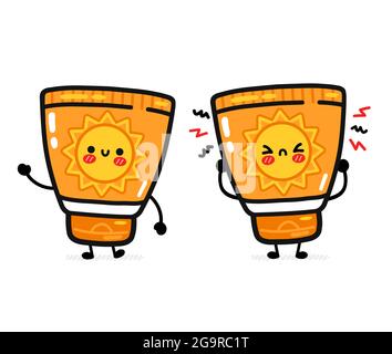 Cute funny happy and sad suncreen tube. Vector flat line cartoon kawaii character illustration icon. Isolated on white background.Sunscreen, sun protection cream care,sunblock screen character concept Stock Vector