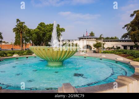 Monrovia, JUL 24, 2021 - Morning view of the water fountain in Library Park Stock Photo