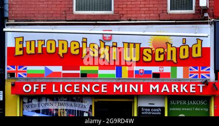 Frontage of an Eastern European off licence and mini market in Rochdale, Greater Manchester Stock Photo