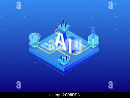 Artificial Intelligence AI concept. 3d isometric vector illustration of AI computer and software. Stock Vector