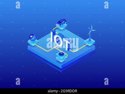 IOT internet of things concept. 3d isometric vector illustration of connected devices such as autonomous car, wind turbine, smart speaker, smart therm Stock Vector