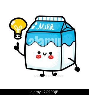 Cute funny milk box with idea light bulb lamp. Vector hand drawn cartoon kawaii character illustration icon. Isolated on white background. Milk dairy box doodle cartoon smile happy character concept Stock Vector