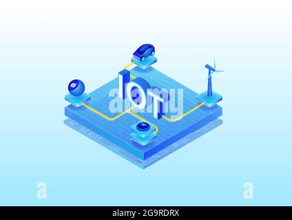 IOT internet of things concept. 3d isometric vector illustration of connected devices such as autonomous car, wind turbine, smart speaker, smart therm Stock Vector