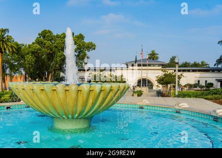 Monrovia, JUL 24, 2021 - Morning view of the water fountain in Library Park Stock Photo