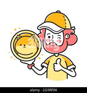 Young bearded man show dogecoin coin sign in hand. Vector doodle cartoon character illustration. Isolated on white backgound. Person with dogecoin, crypto currency coin, mining money, finance concept Stock Vector