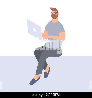 Man hipster work on laptop.Programmer on remote work, distance E-learning or online training.Guy developer with glasses with notebook. Vector Stock Vector