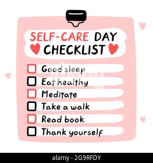 Cute funny self-care day checklist, to do list, checklist. Vector hand drawn cartoon kawaii character illustration icon. Day of Self-care checklist sticker, card, poster concept Stock Vector