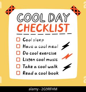 Cute funny Cool day self-care to do list, checklist. Vector hand drawn cartoon kawaii character illustration icon. Cool day Self-care checklist sticker, card, poster concept Stock Vector