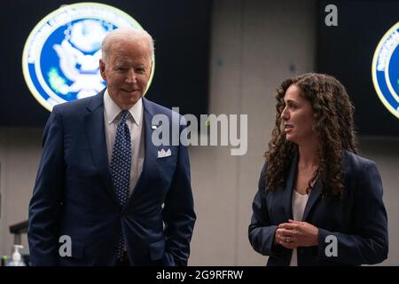 Washington, United States Of America. 27th July, 2021. U.S. President Joe Biden tours the watch floor with Christy Abizaid, Director of the National Counterterrorism Center, as he visits the National Counter Terrorism Center on Tuesday, July 27, 2021 in McLean, Virginia. Credit: Alex Edelman/Pool/Sipa USA Credit: Sipa USA/Alamy Live News Stock Photo