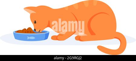 Hungry cat eating food from bowl. Red domestic cat having good appetite. Feeding pet with kibble or wet food. Flat style vector Stock Vector