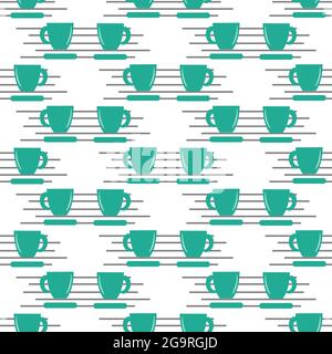Pattern with turquoise cups. Vector stylized illustration on a white background with stripes. Stock Vector