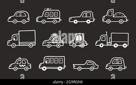 Doodle car set. Funny sketch scribble style. Hand drawn toy car vector illustration. Stock Vector