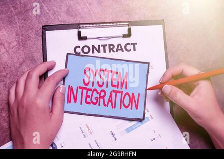 Sign displaying System Integration. Concept meaning process of bringing together the component subsystem Writing Notes And Important Ideas Stock Photo