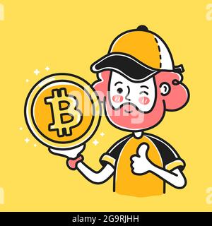 Young bearded man show bitcoin coin sign in hand. Vector doodle cartoon character illustration. Isolated on white backgound. Person with bitcoin, crypto currency coin, mining money, finance concept Stock Vector