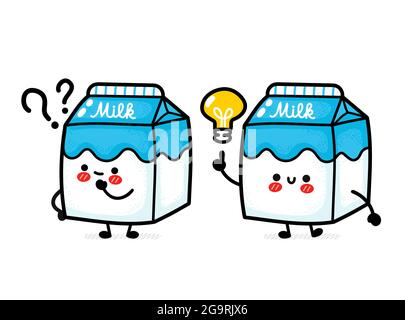Cute funny milk box with question mark and idea lightbulb. Vector hand drawn cartoon kawaii character illustration. Isolated on white background. Milk dairy box doodle cartoon smile happy character Stock Vector