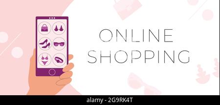 Hand holding a phone and doing online shopping. Stock Vector