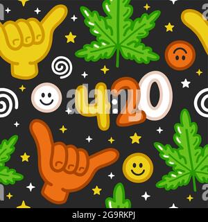 Funny weed marijuana, shaka gesture,420 seamless pattern. Vector hand drawn doodle outline cartoon kawaii character illustration. Trippy,weed,420, shaka, cannabis leaf cartoon seamless pattern concept Stock Vector