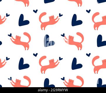 loving cat seamless print with ginger cats.Vector pattern of kittens with hearts, drawn in vector in doodle style.For print, factory textiles, stickers, posters, cards, t-shirts.Isolated on a white. Stock Vector