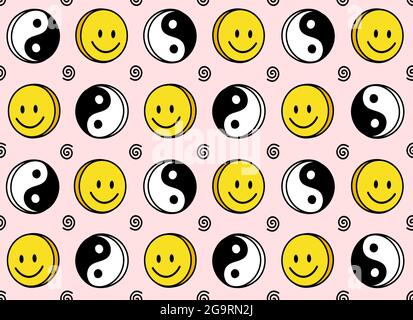 Funny smile cute face and Yin Yang seamless pattern. Vector doodle cartoon kawaii character illustration icon design. Positive smile faces, Yin Yang, high,trip,techno cartoon seamless pattern concept Stock Vector