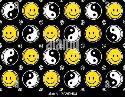 Funny smile cute face and Yin Yang seamless pattern. Vector doodle cartoon kawaii character illustration icon design. Positive smile faces, Yin Yang, high,trip,techno cartoon seamless pattern concept Stock Vector