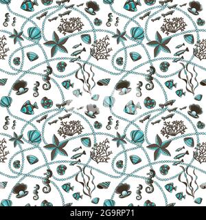 Seamless pattern with seashells, corals and starfishes. Stock Vector