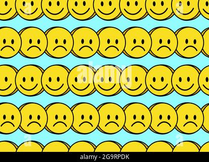 Funny smile and sad cute face seamless pattern. Vector doodle cartoon kawaii character illustration icon design. Positive smile faces, acid, high,trip,techno cartoon seamless pattern concept Stock Vector