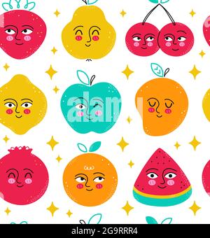 Cute funny fruits seamless pattern. Vector cartoon character illustration design. Apple,lemon,pear,mango,orange,watermelon,strawberry,cherry with cute happy face cartoon seamless pattern concept Stock Vector