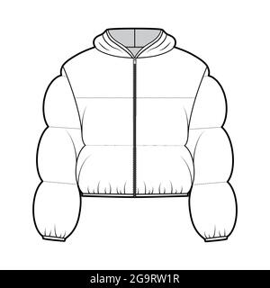 Hooded jacket Down puffer coat technical fashion illustration with long sleeves, zip-up closure, boxy fit, crop length, wide quilting. Flat template front, white color. Women, men top CAD Stock Vector