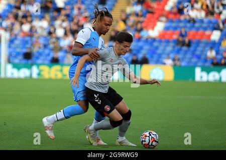 Jacob Reddy of Charlton Athletic (R) holds off John Kymani-Gordon of Crystal Palace (L). Pre-season friendly match, Crystal Palace v Charlton Athletic at Selhurst Park stadium in London on Tuesday 27th July 2021. this image may only be used for Editorial purposes. Editorial use only, license required for commercial use. No use in betting, games or a single club/league/player publications. pic by Steffan Bowen/Andrew Orchard sports photography/Alamy Live news Stock Photo