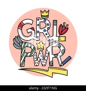 GRL PWR lettering girl power feminist colored slogan doodle style Stock Vector