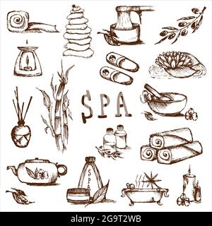 Illustrations set for spa salon. Candles, oils, depilation. Beauty therapy and spa relaxation for wellness vector. Hand drawn set of spa attributes. Stock Vector