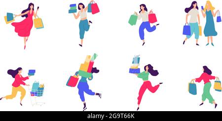 Cheerful shoppers characters illustration. Vector. Happy people with purchases. Buyers with goods and packages. Each hero is isolated on a white backg Stock Vector