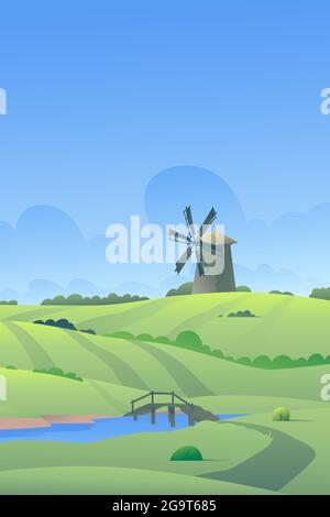 Village illustration. Vector. A windmill stands in a field. Rural landscape. Gradient execution technique. Illustration for packaging bakery products. Stock Vector