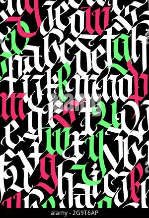Medieval Gothic pattern. Vector. European modern gothic. Colored letters on a black background. All letters are handwritten with a pen. Lower case. Or Stock Vector