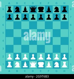 Chess pieces on the board. Vector. Ready-made complete set for the game, mobile application. Professional demo chess. Black and white shapes on a blue Stock Vector
