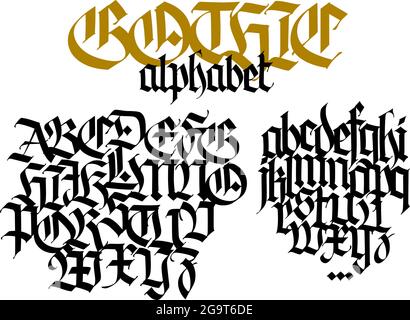 Complete Gothic alphabet. Vector. Uppercase and lowercase letters on a white background. Beautiful calligraphy. Elegant font for tattoo. Medieval Euro Stock Vector