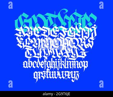 Gothic. Vector. Uppercase and lowercase letters on a blue background. Beautiful and stylish calligraphy. Elegant European typeface for design. Medieva Stock Vector