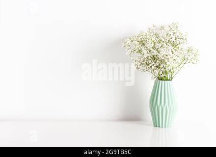 White gypsophila baby's-breath flower in light green ceramic vase on white wall background. Home interior decoration concept. Place for text. Stock Photo