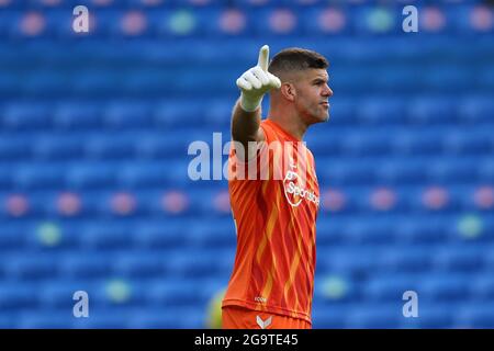 Cardiff, UK. 27th July, 2021. Fraser Forster, the goalkeeper of Southampton looks on. Pre-season friendly match, Cardiff city v Southampton at the Cardiff City Stadium in Cardiff, Wales on Tuesday 27th July 2021. this image may only be used for Editorial purposes. Editorial use only, license required for commercial use. No use in betting, games or a single club/league/player publications. pic by Andrew Orchard/Andrew Orchard sports photography/Alamy Live news Credit: Andrew Orchard sports photography/Alamy Live News Stock Photo