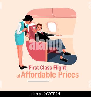 First Class Flight vector flat illustration for web page advertisement or any other purpose Stock Vector
