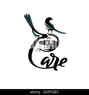 letter C as Care word in the shape of branch with bird nest Stock Vector