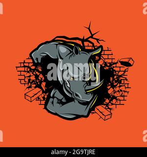 Rhino crushes brick wall vector illustration symbol for tshirt print, esport, design element or any other purpose. Stock Vector