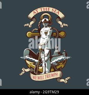 At the Sea We Will Triumph or Jalesveva Jayamahe in Sanskrit vector illustration. based on the Indonesian Naval Monument the Monjaya in Surabaya Indon Stock Vector