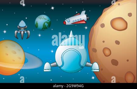 Space shuttles and rocket flying in near planet Stock Vector