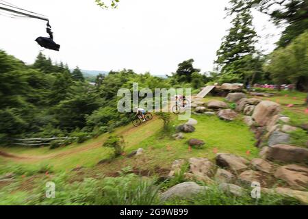 Shizuoka, Japan. 27th July, 2021. Pauline Ferrand Prevot (FRA), Jolanda Neff (SUI) Cycling : Women's Cross-country during the Tokyo 2020 Olympic Games at the Izu MTB Course in Shizuoka, Japan . Credit: Shutaro Mochizuki/AFLO/Alamy Live News Stock Photo