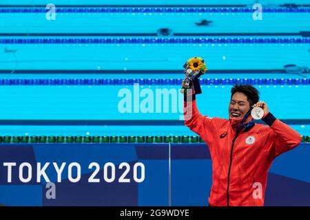 Tokyo, Japan. 28th July, 2021. TOKYO, JAPAN - JULY 28: Tomoru Honda of Japan celeebrates showing the silver medal after competing in the men 200 Butterfly during the Tokyo 2020 Olympic Games at the Tokyo Aquatics Centre on July 28, 2021 in Tokyo, Japan (Photo by Giorgio Scala/Orange Pictures) Credit: insidefoto srl/Alamy Live News Stock Photo