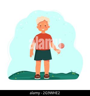 Little boy in shorts and a T-shirt holding a lollipop. Child with candy in hand. Vector cartoon character. Flat design Stock Vector