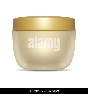 Cosmetic cream jar, gold container mockup, plastic cap. Round scrub butter tube, luxury hair lotion realistic package template illustration. Face crea Stock Vector