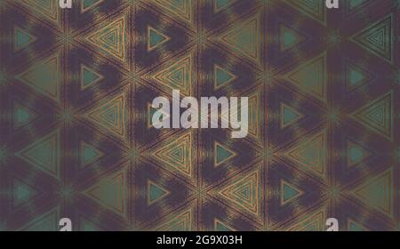 Geometric abstract textured kaleidoscope triangle pattern in gloomy mood, suitable for Halloween. Ornament in dark purple, teal and gold for wrapping paper, wallpaper background, package design. Stock Vector